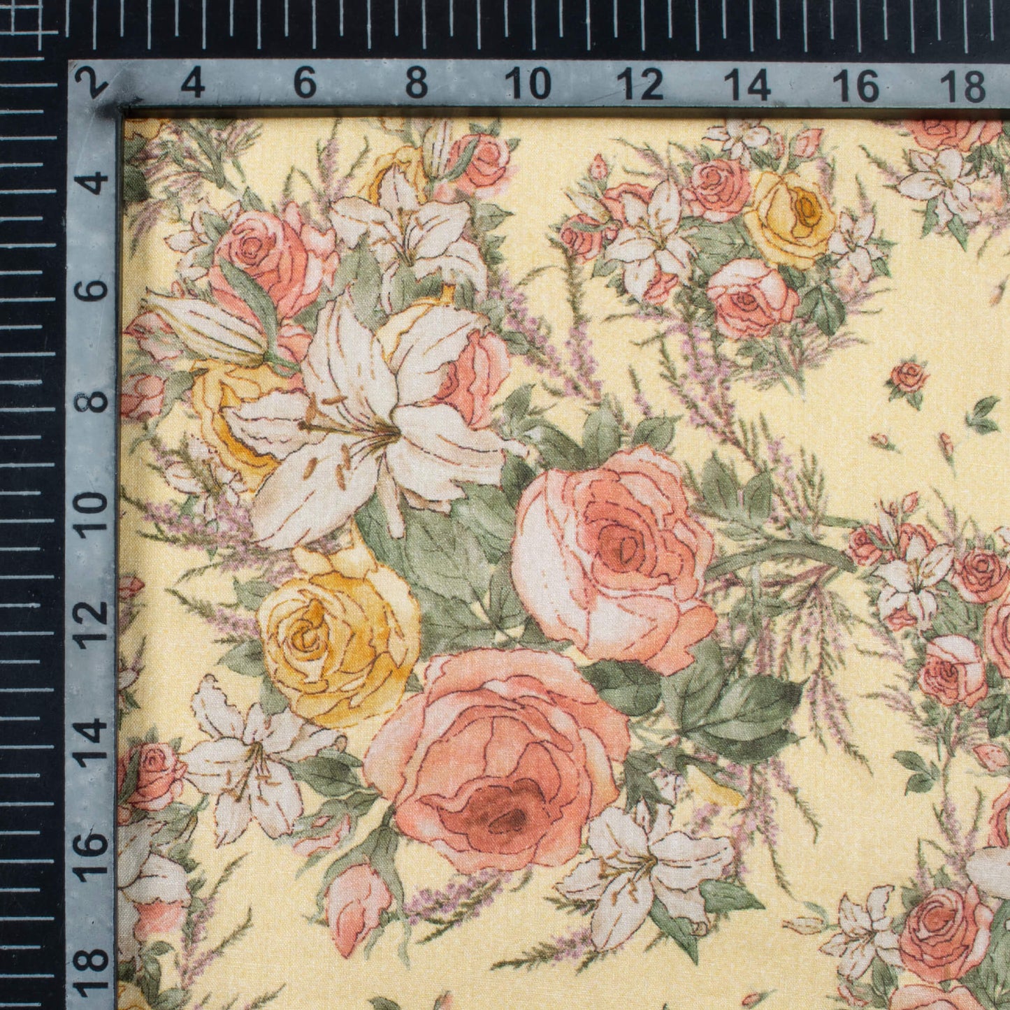 Pale Yellow And Peach Floral  Pattern Digital Print Cotton Cambric Fabric