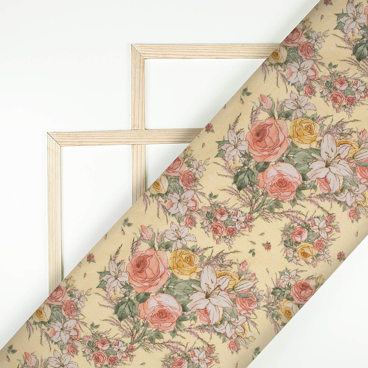 Pale Yellow And Peach Floral  Pattern Digital Print Cotton Cambric Fabric