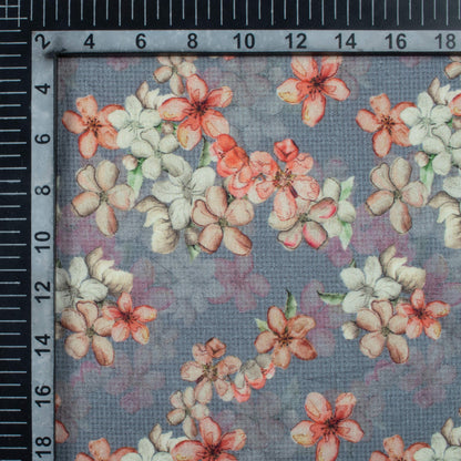 Air Force Blue And Cherry Red Floral  Pattern Digital Print Cotton Cambric Fabric