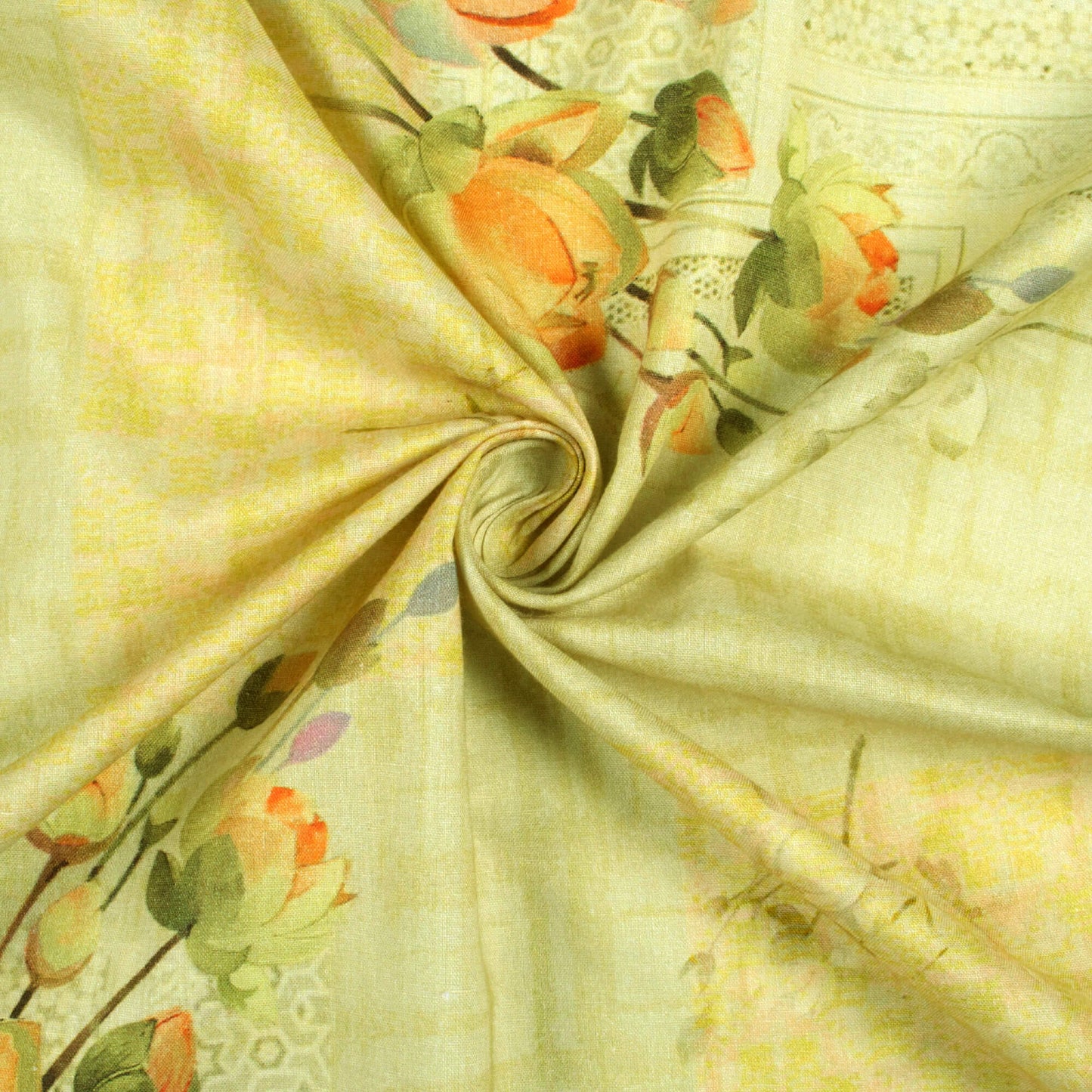 Tea Green And Pastel Yellow Floral Pattern Digital Print Cotton Cambric Fabric