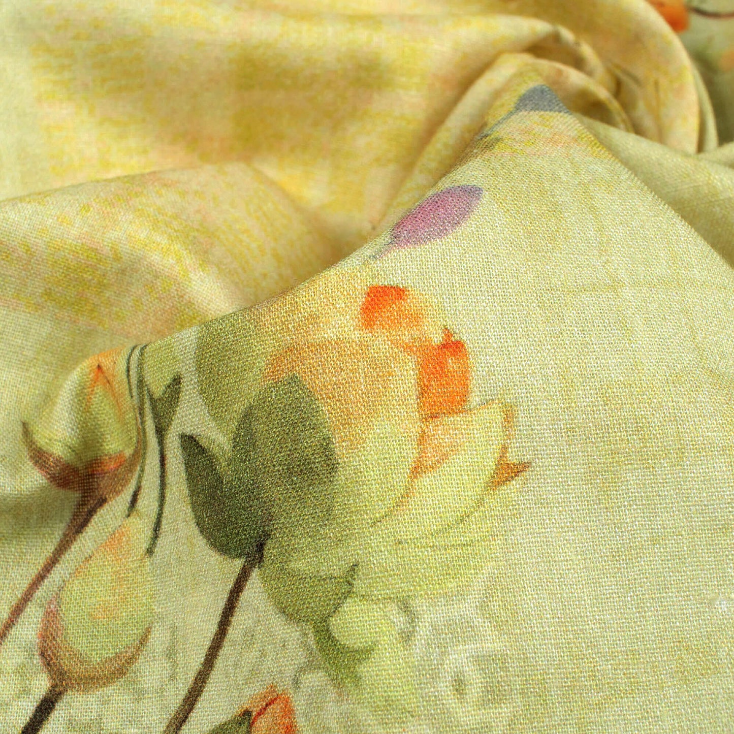 Tea Green And Pastel Yellow Floral Pattern Digital Print Cotton Cambric Fabric