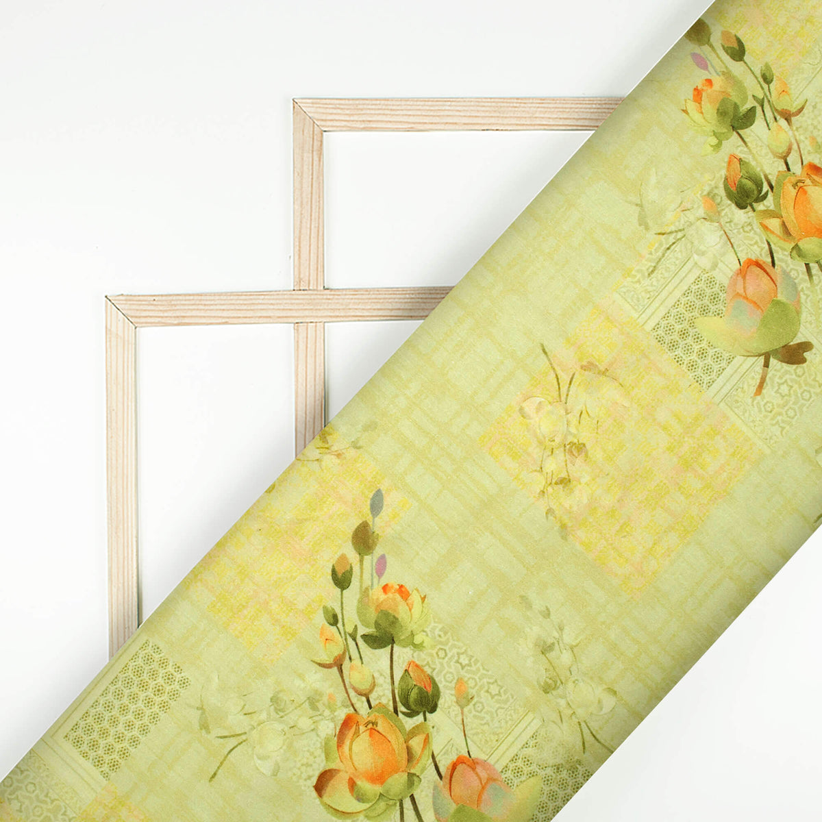 Tea Green And Pastel Yellow Floral Pattern Digital Print Cotton Cambric Fabric