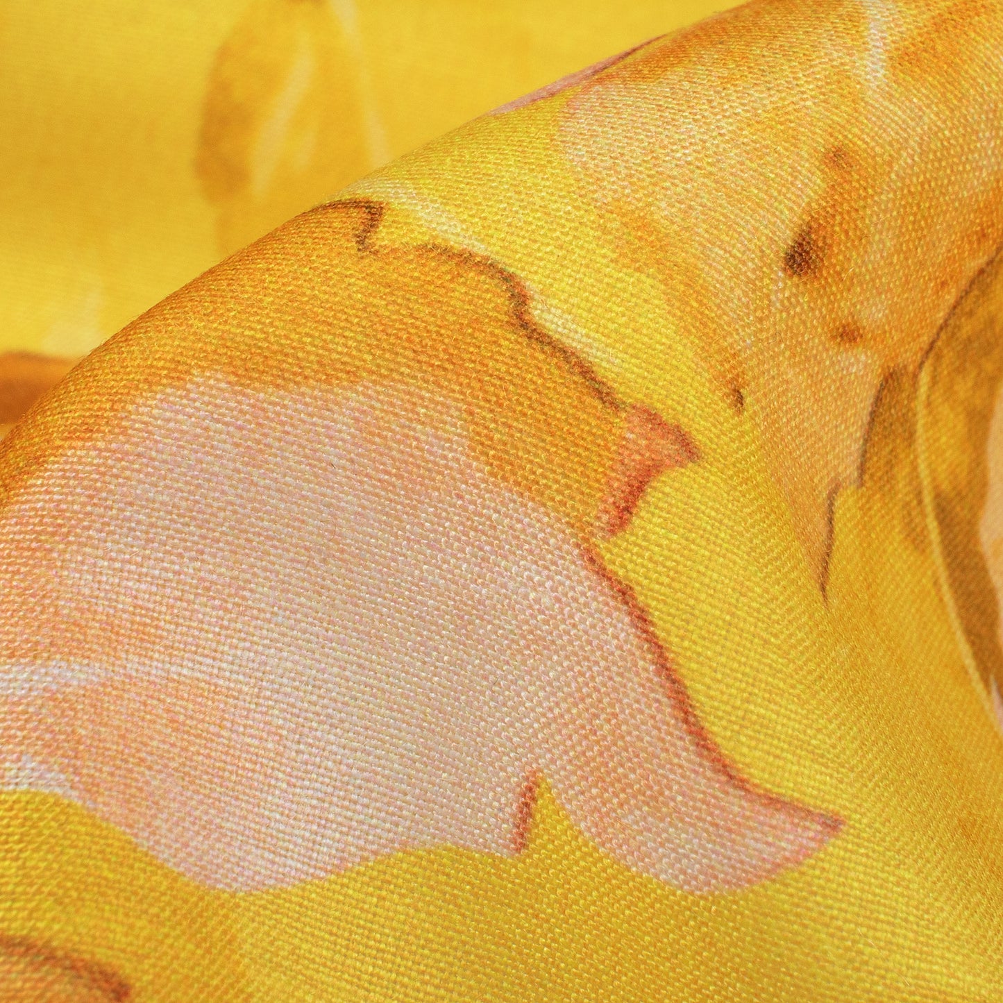 Bright Yellow And Brown Leaf Pattern Digital Print Muslin Fabric