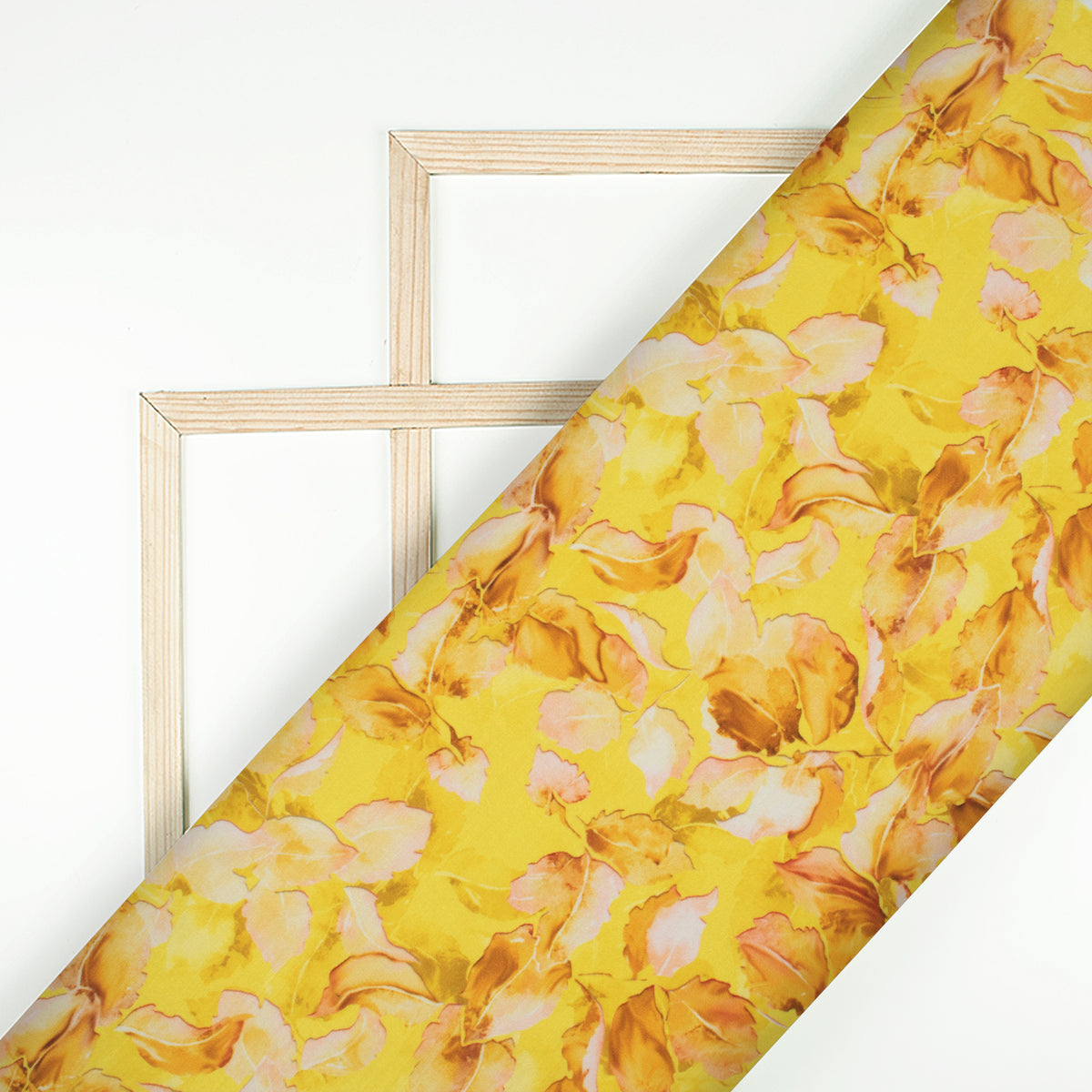 Bright Yellow And Brown Leaf Pattern Digital Print Muslin Fabric
