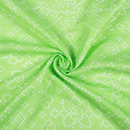 Lime Green And White Bandhanii Pattern Digital Print Muslin Fabric