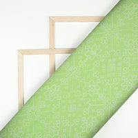 Lime Green And White Bandhanii Pattern Digital Print Muslin Fabric