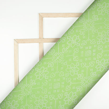 Lime Green And White Bandhanii Pattern Digital Print Muslin Fabric