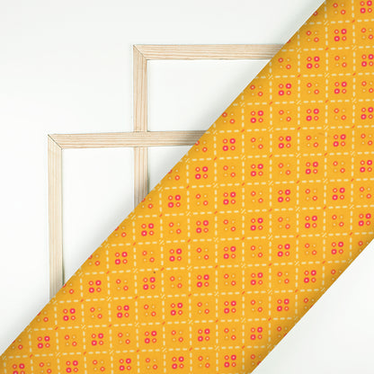 Fire Yellow And Deep Pink Bandhanii Pattern Digital Print Muslin Fabric
