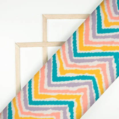Salmon Pink And Mustard Yellow Chevron Pattern Digital Print Muslin Fabric