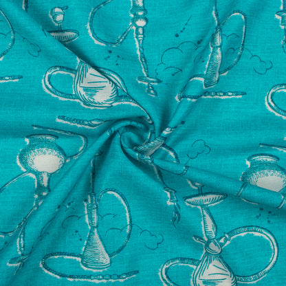 Dark Turquoise And White Quirky Pattern Digital Print Muslin Fabric
