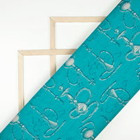 Dark Turquoise And White Quirky Pattern Digital Print Muslin Fabric