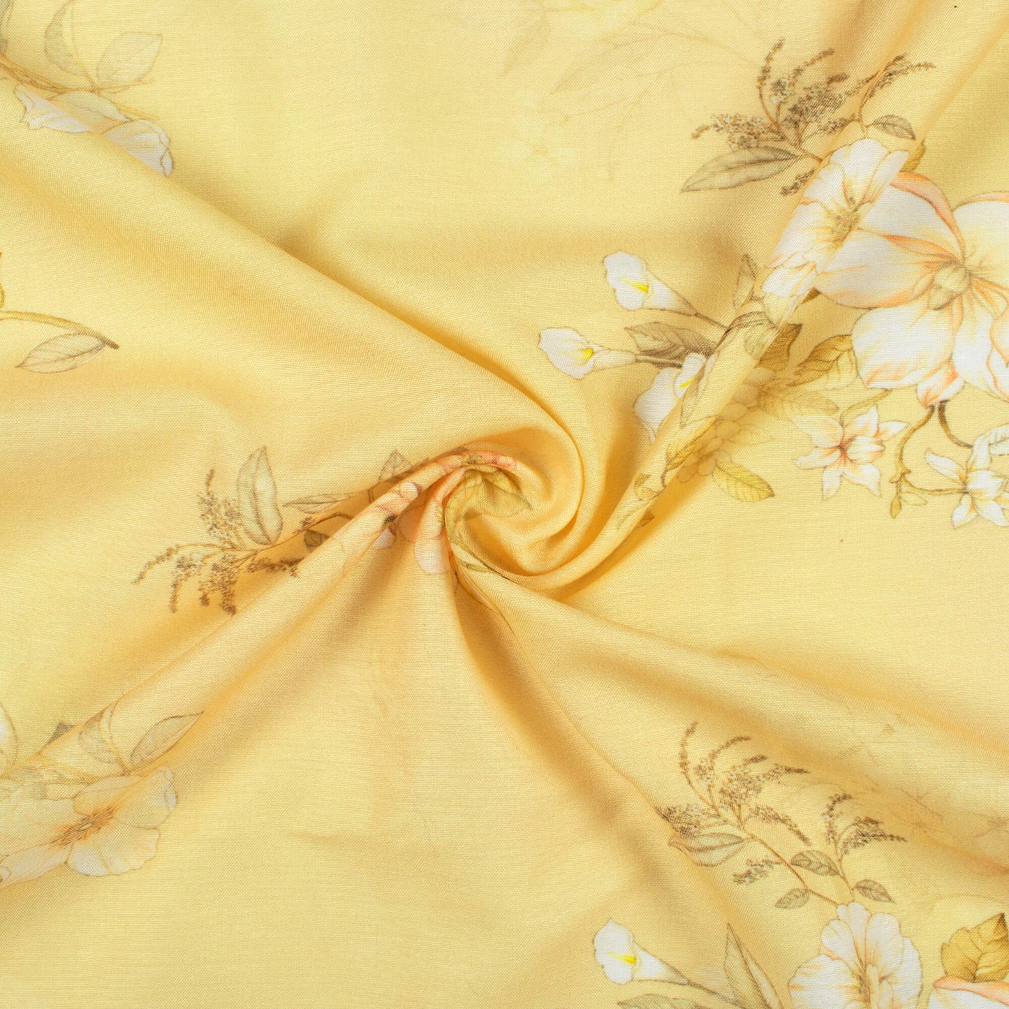 Pale Yellow And Peach Floral Pattern Digital Print Muslin Fabric