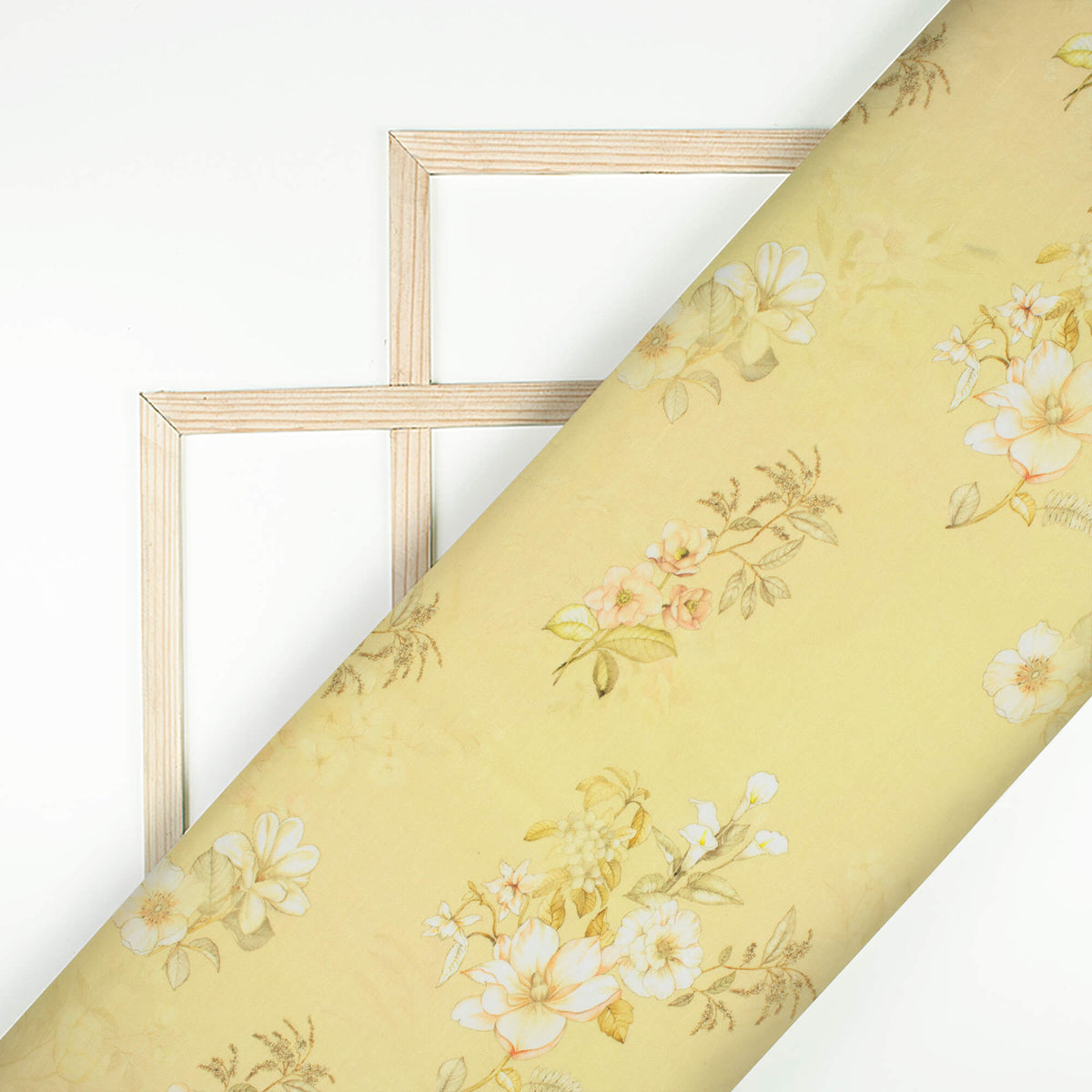 Pale Yellow And Peach Floral Pattern Digital Print Muslin Fabric
