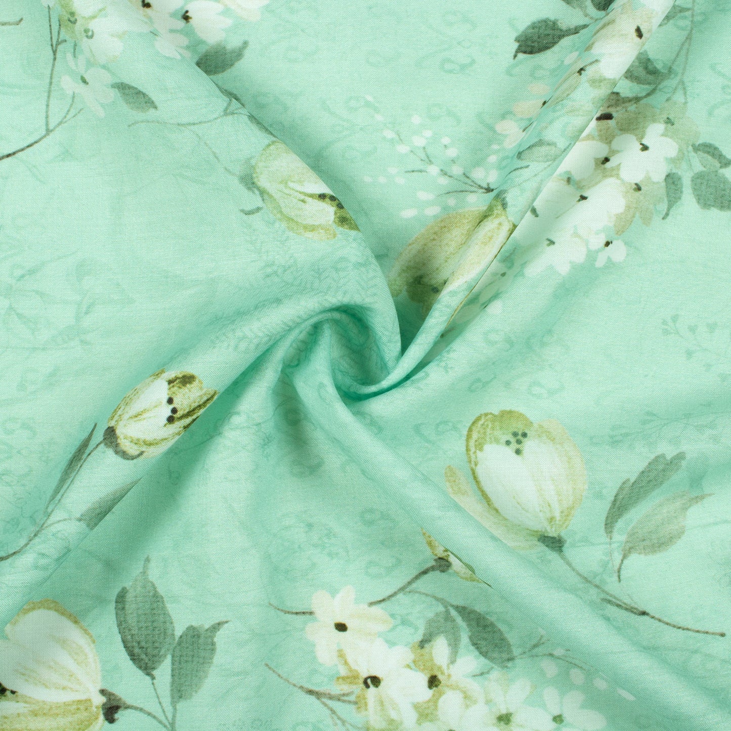 Mint Green And White Floral Pattern Digital Print Muslin Fabric