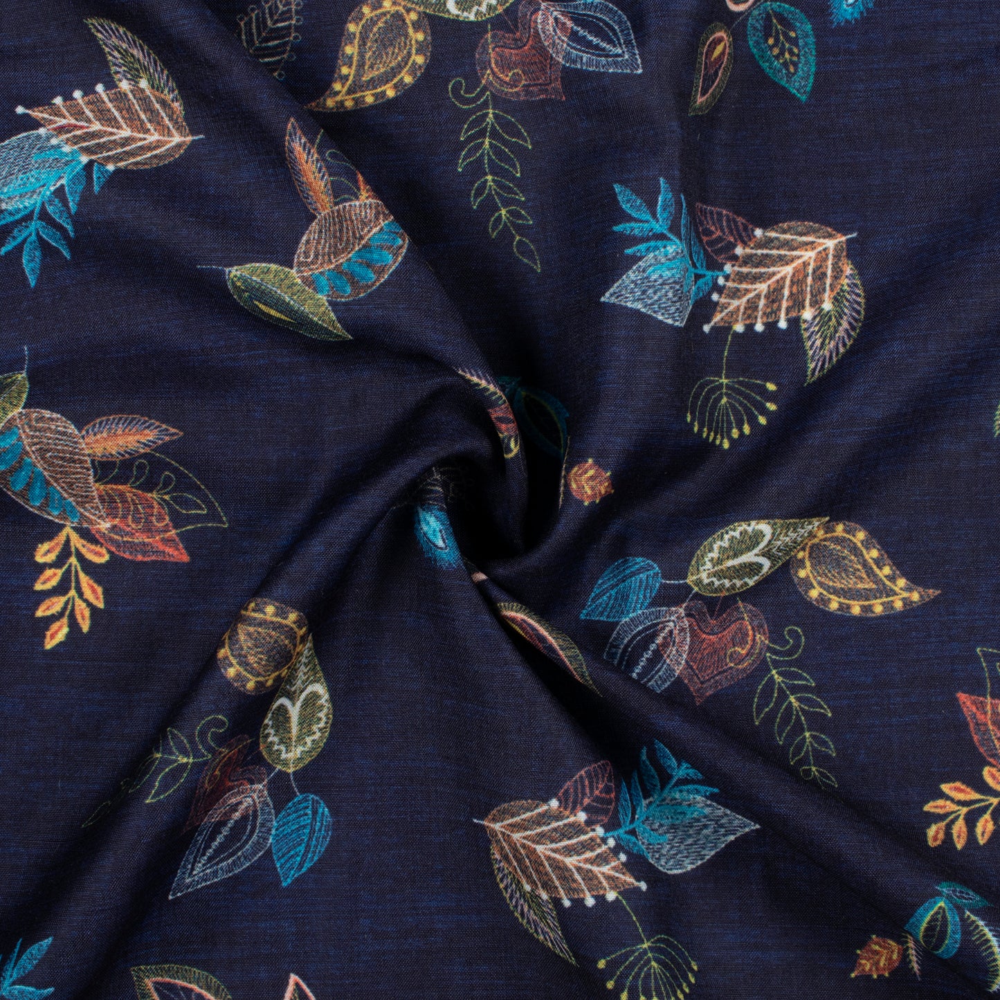 Navy Blue And Orange Leaf Pattern Digital Print Muslin Fabric