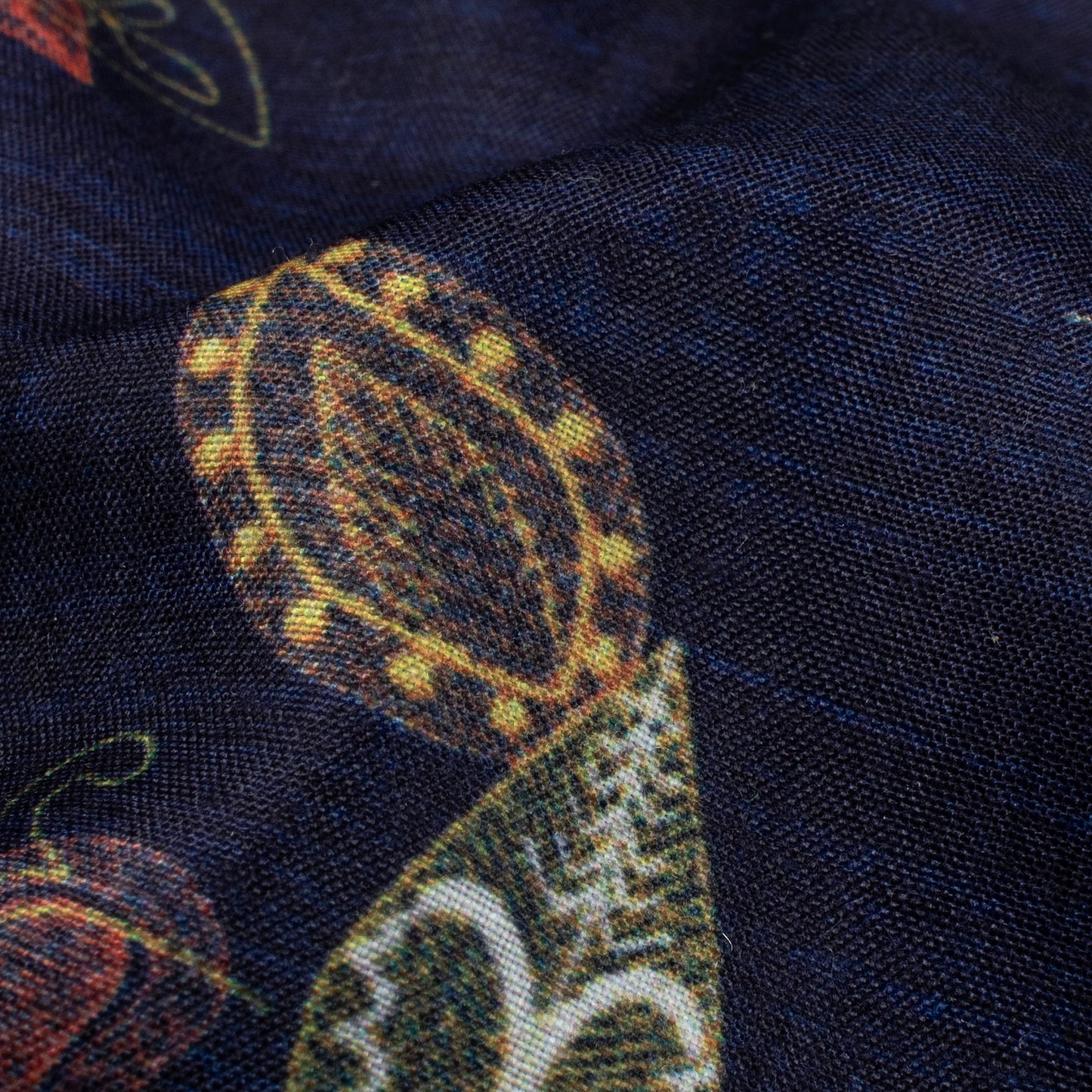 Navy Blue And Orange Leaf Pattern Digital Print Muslin Fabric