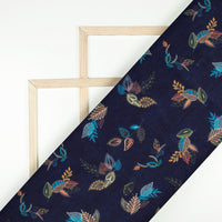 Navy Blue And Orange Leaf Pattern Digital Print Muslin Fabric