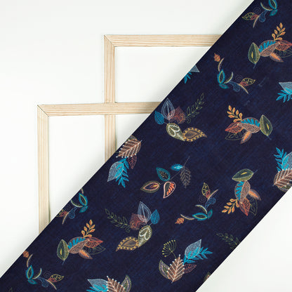 Navy Blue And Orange Leaf Pattern Digital Print Muslin Fabric