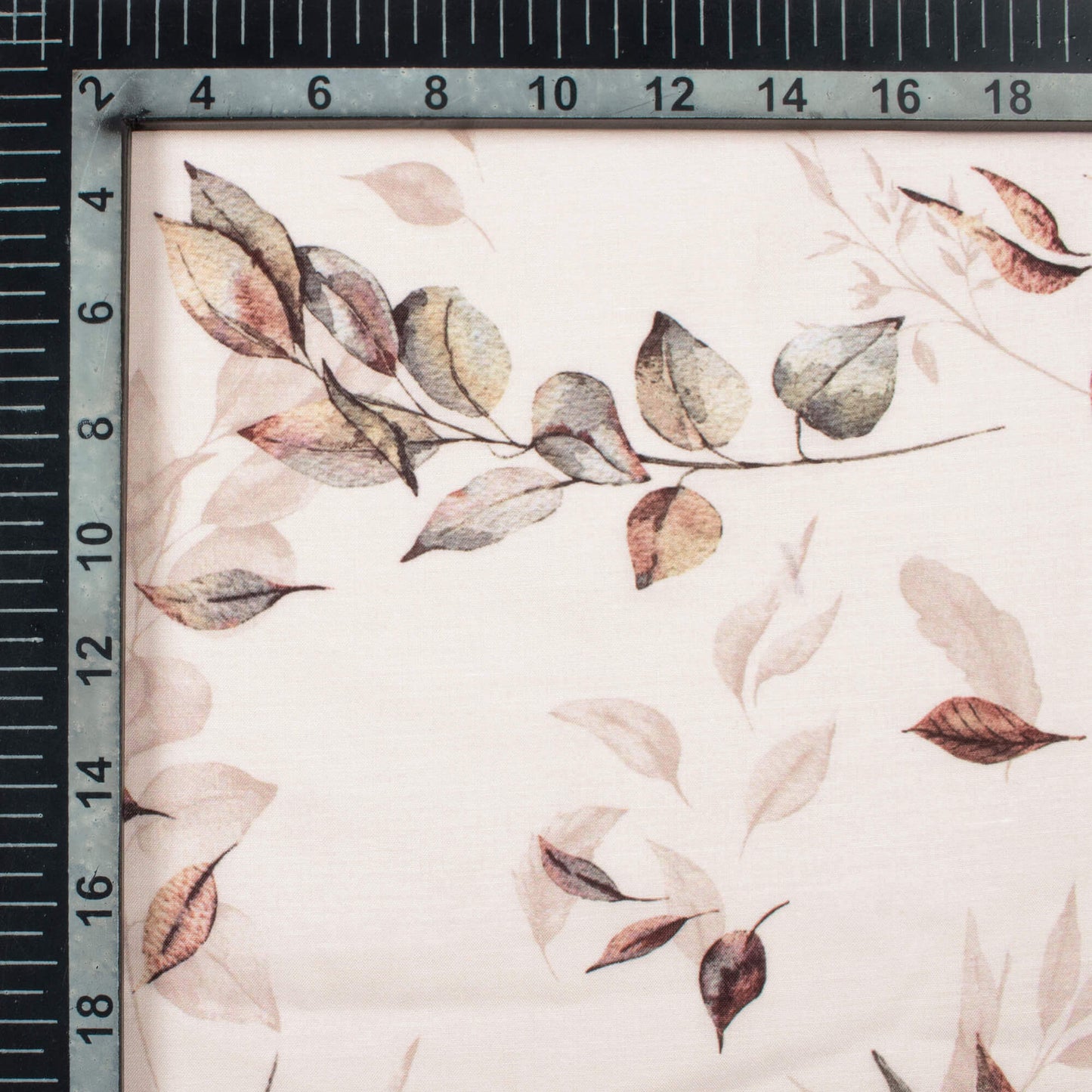 Off White And Brown Leaf Pattern Digital Print Muslin Fabric