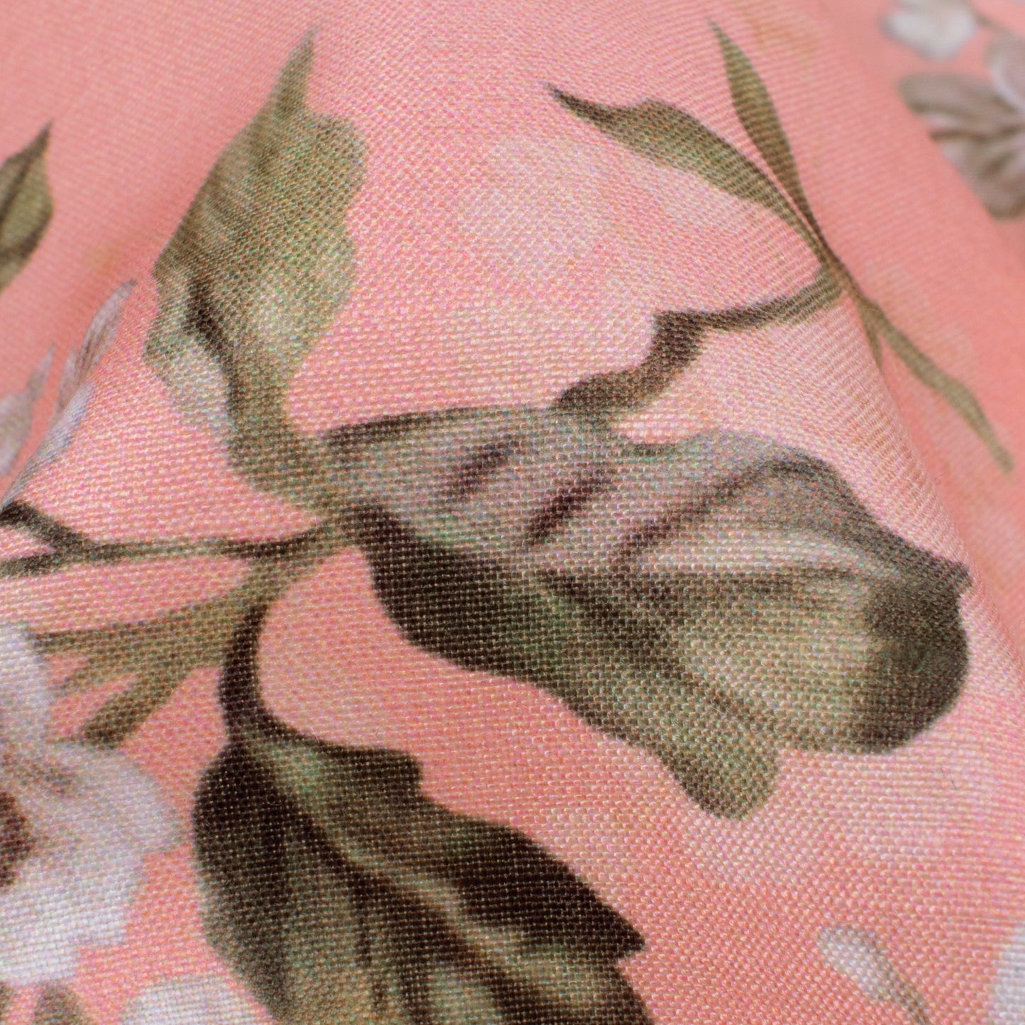 Salmon Pink And Brown Floral Pattern Digital Print Muslin Fabric