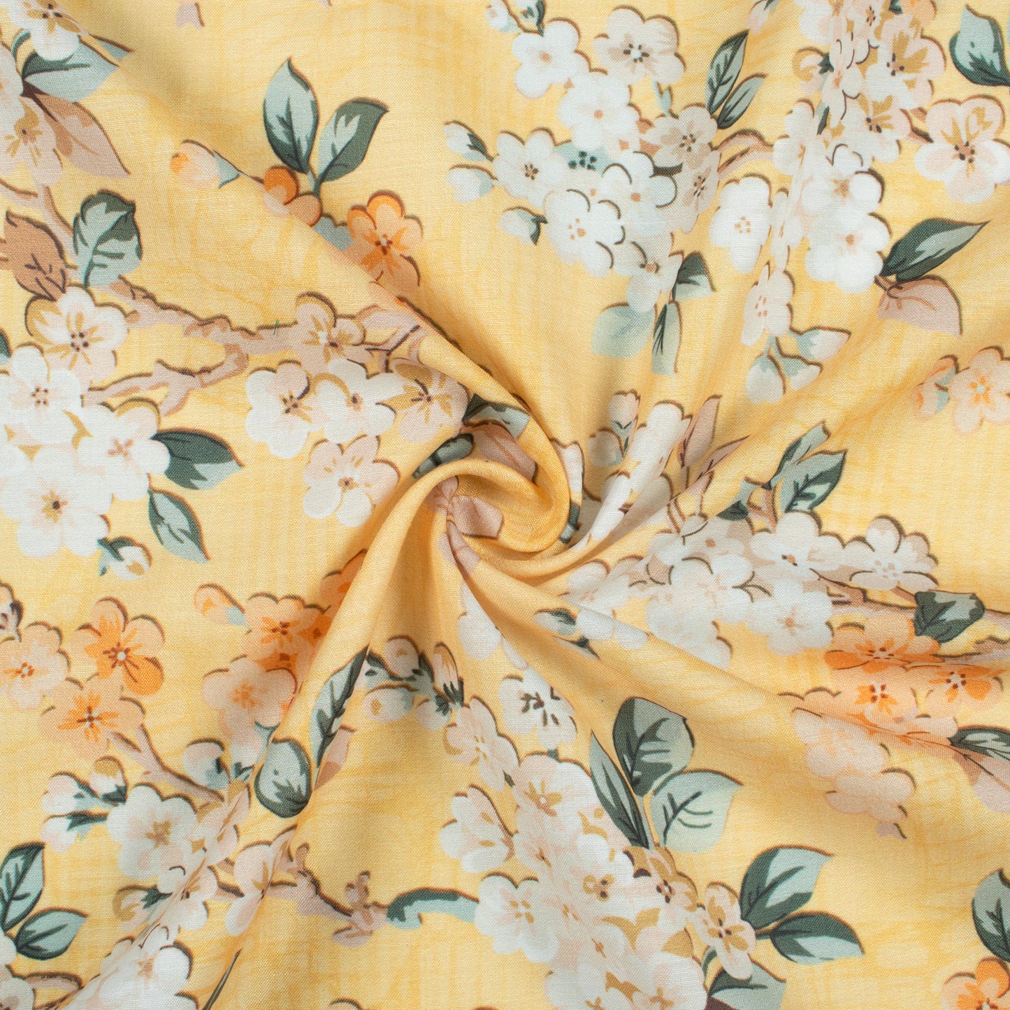 Flaxen Yellow And Peach Floral Pattern Digital Print Muslin Fabric