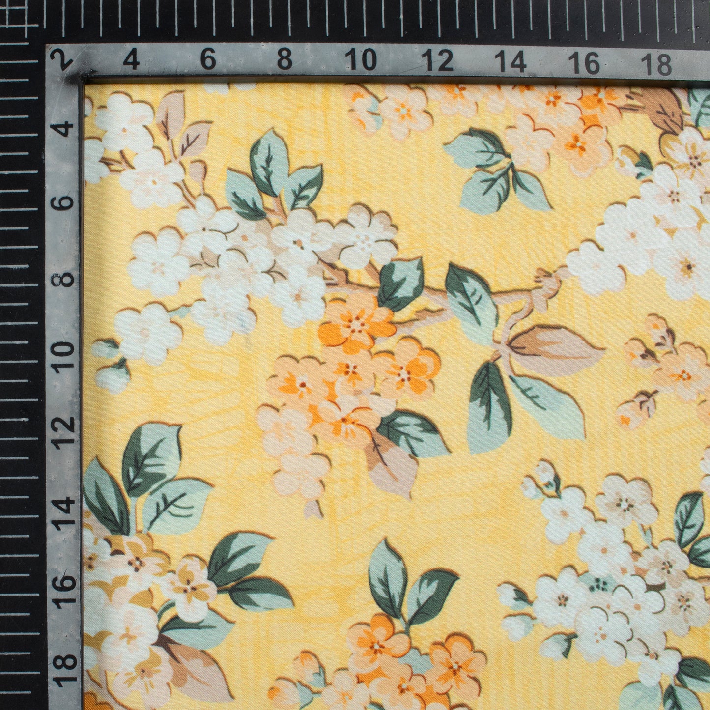 Flaxen Yellow And Peach Floral Pattern Digital Print Muslin Fabric