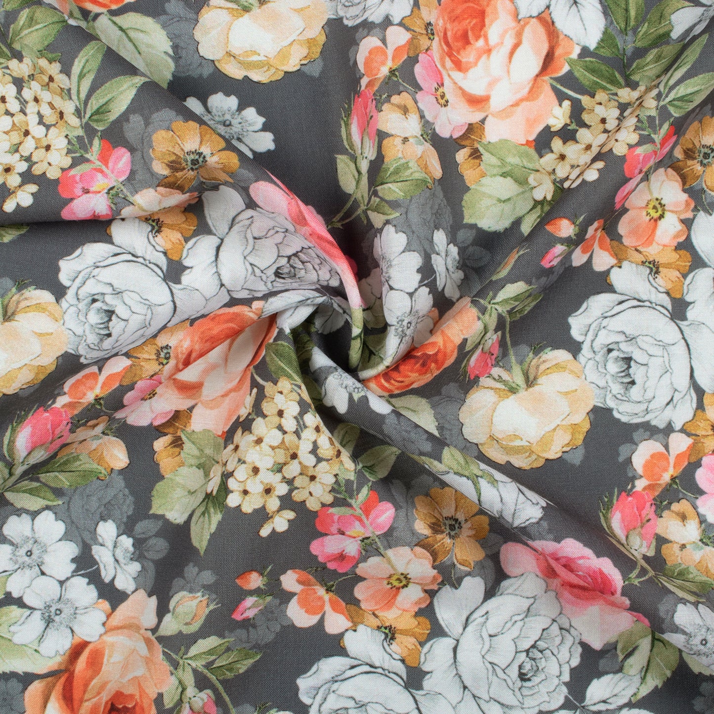 Shark Grey And Pink Floral Pattern Digital Print Muslin Fabric