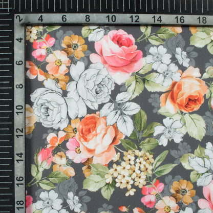 Shark Grey And Pink Floral Pattern Digital Print Muslin Fabric