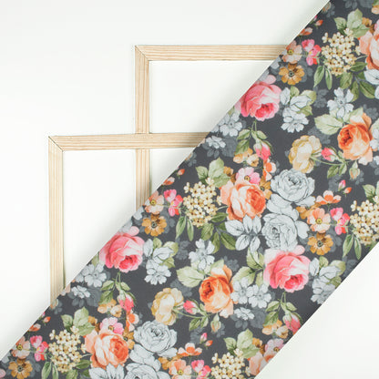 Shark Grey And Pink Floral Pattern Digital Print Muslin Fabric