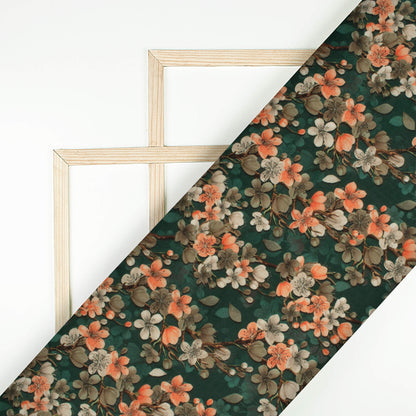 Dark Green And Coral Peach Floral Pattern Digital Print Muslin Fabric