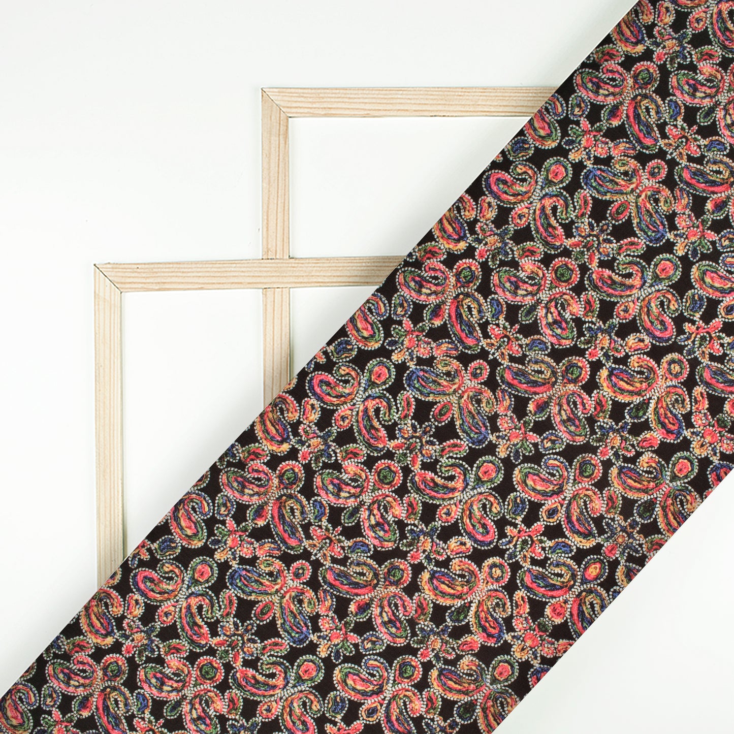 Black And Pink Paisley Pattern Digital Print Muslin Fabric