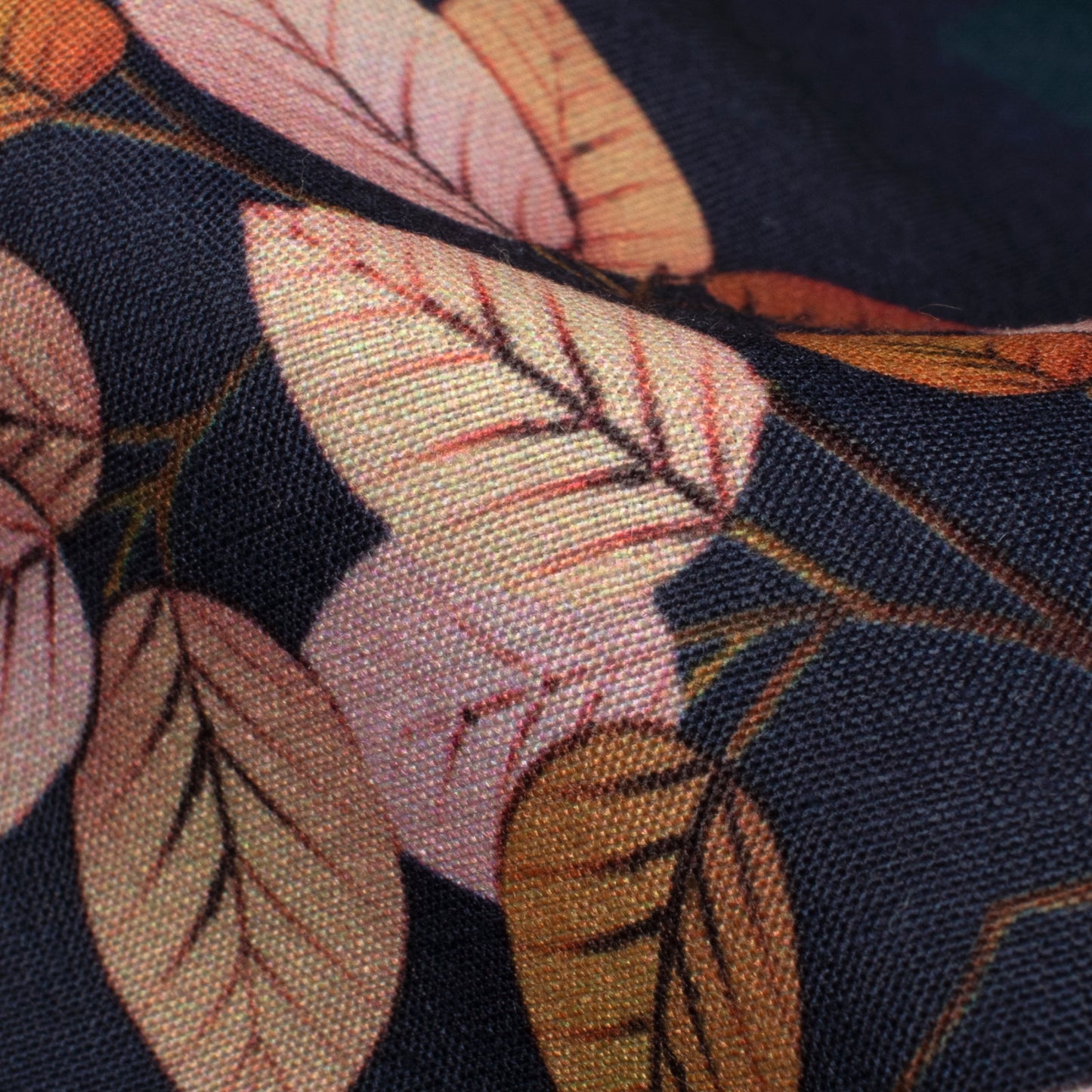 Navy Blue And Light Peach Leaf Pattern Digital Print Muslin Fabric