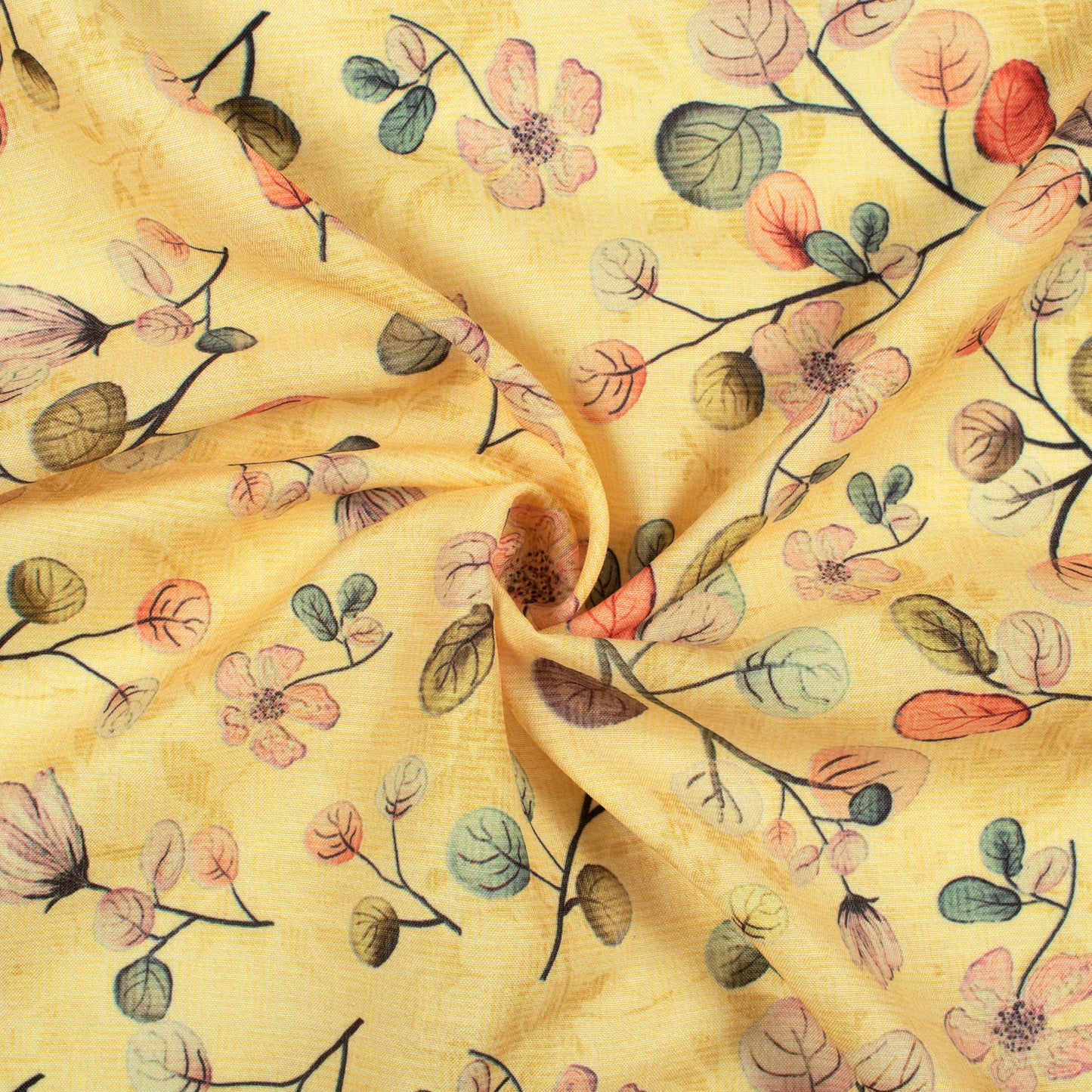 Laguna Yellow And Green Floral Pattern Digital Print Muslin Fabric