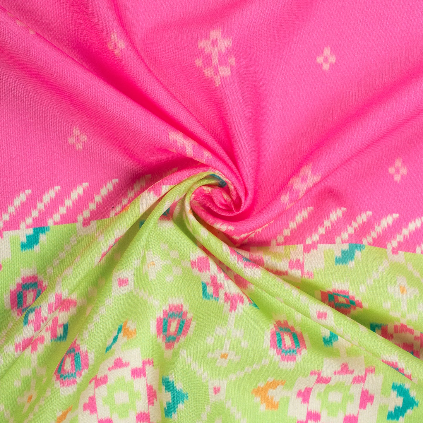 Creamy Pink And Lime Green Daman Pattern Digital Print Muslin Fabric