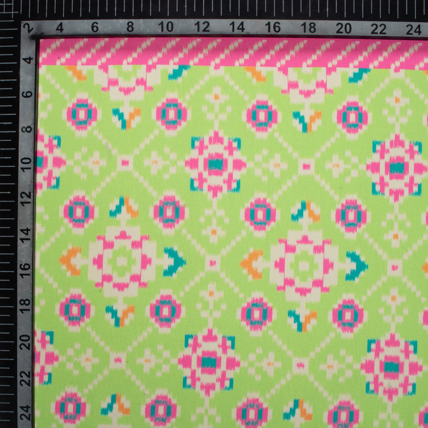 Creamy Pink And Lime Green Daman Pattern Digital Print Muslin Fabric