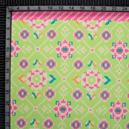 Creamy Pink And Lime Green Daman Pattern Digital Print Muslin Fabric
