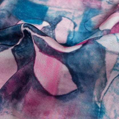 Pearly Purple And Prussian Blue Leaf Pattern Digital Print Crepe Silk Fabric