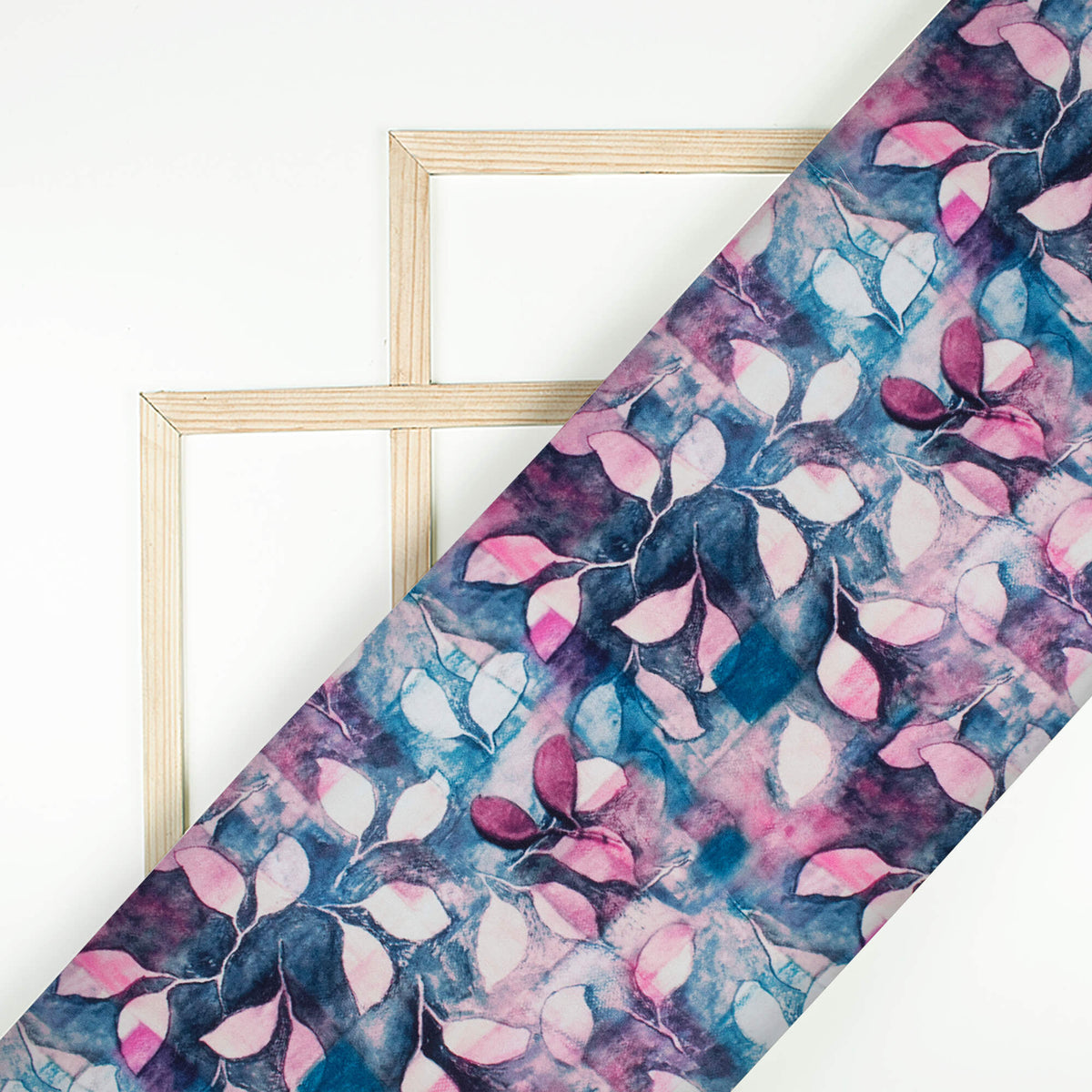 Pearly Purple And Prussian Blue Leaf Pattern Digital Print Crepe Silk Fabric