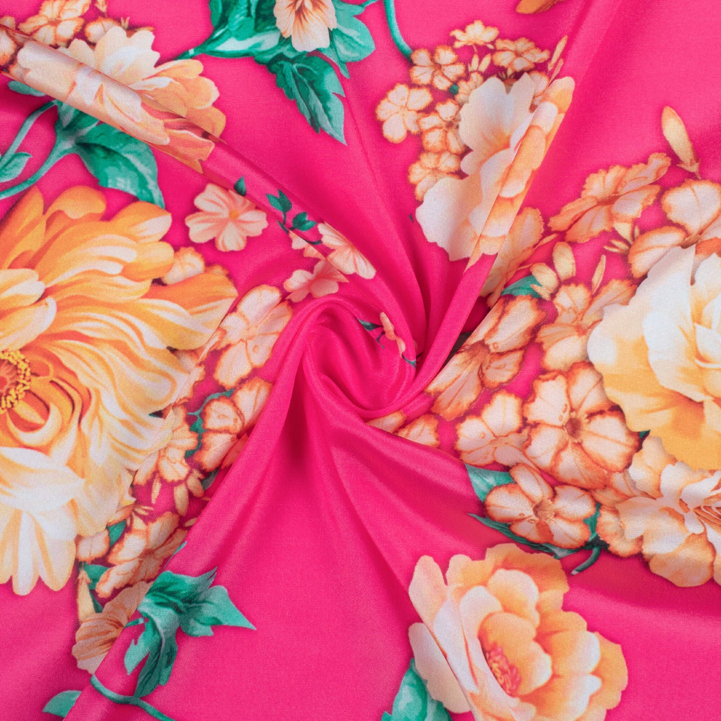 Hot Pink And Pastel Orange Floral Pattern Digital Print Crepe Silk Fabric