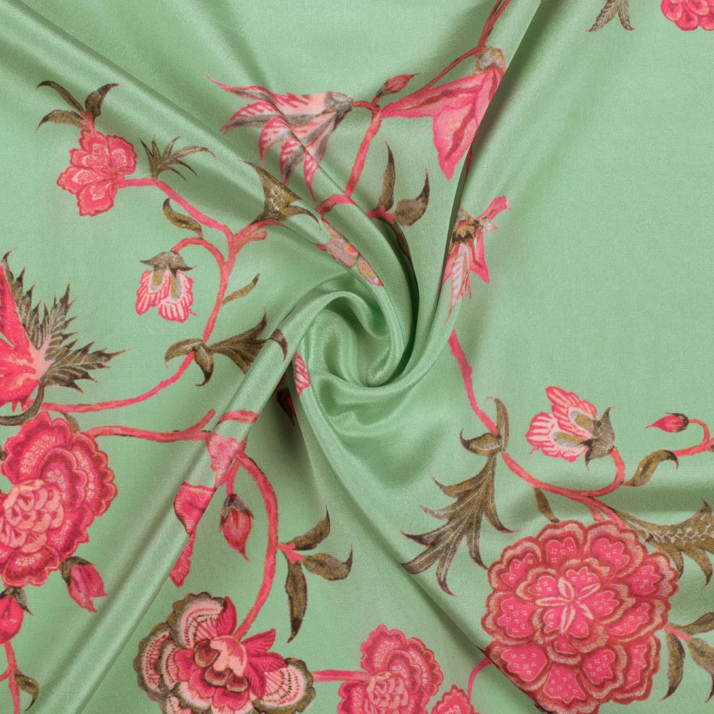 Pastel Green And Magenta Pink Floral Pattern Digital Print Crepe Silk Fabric