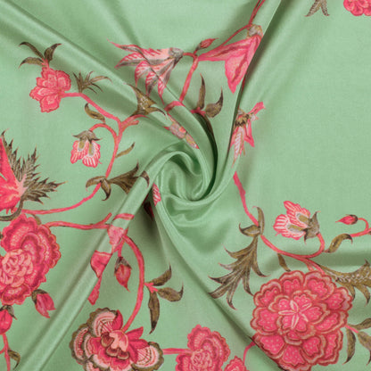 Pastel Green And Magenta Pink Floral Pattern Digital Print Crepe Silk Fabric