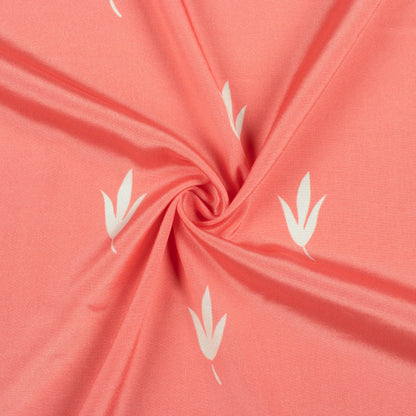 Coral Pink And White Leaf Pattern Digital Print Crepe Silk Fabric
