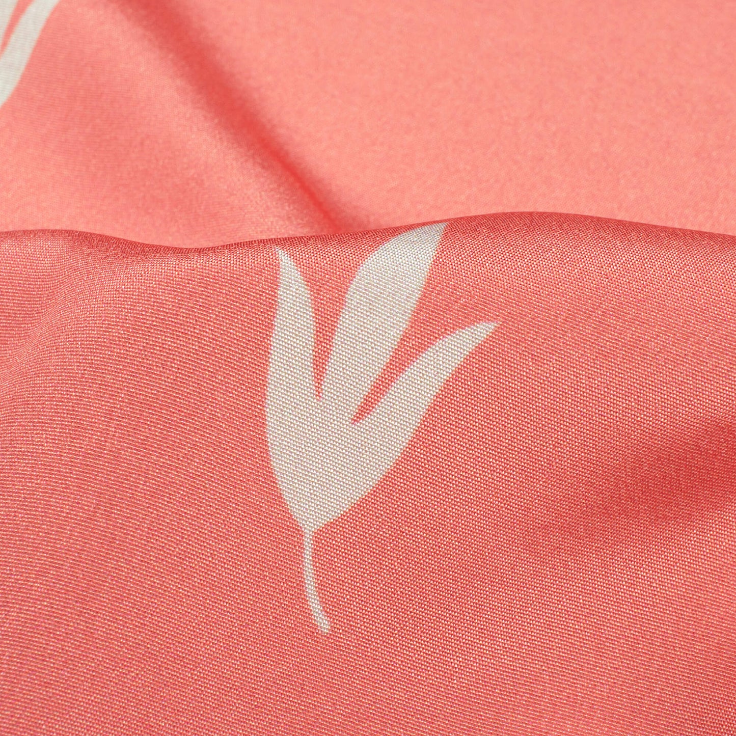 Coral Pink And White Leaf Pattern Digital Print Crepe Silk Fabric