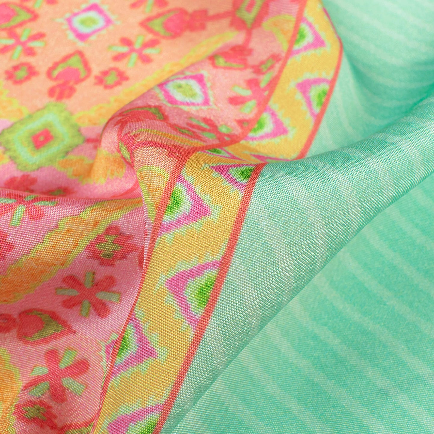 Mint Green And Hot Pink Daman Pattern Digital Print Crepe Silk Fabric