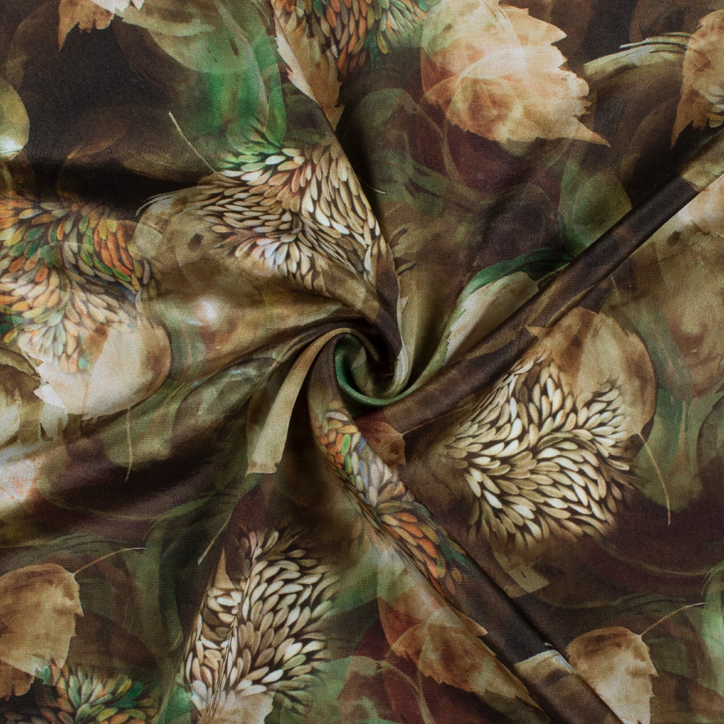 Coffee Brown And Basil Green Leaf Pattern Digital Print Crepe Silk Fabric
