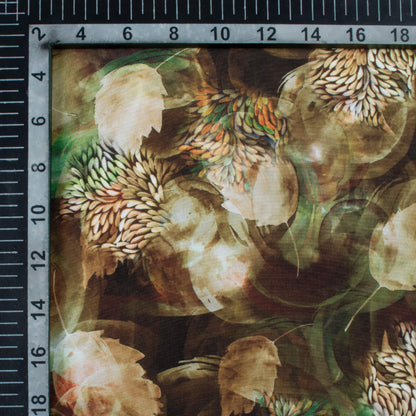 Coffee Brown And Basil Green Leaf Pattern Digital Print Crepe Silk Fabric