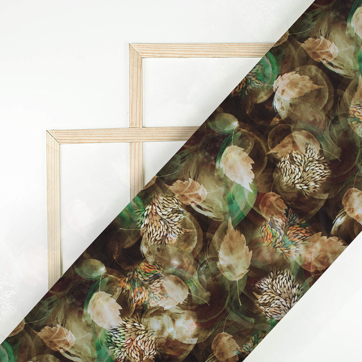 Coffee Brown And Basil Green Leaf Pattern Digital Print Crepe Silk Fabric