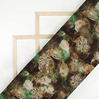 Coffee Brown And Basil Green Leaf Pattern Digital Print Crepe Silk Fabric