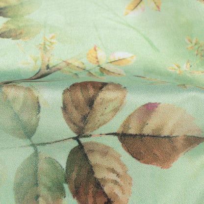 Tea Green And Brown Leaf Pattern Digital Print Crepe Silk Fabric