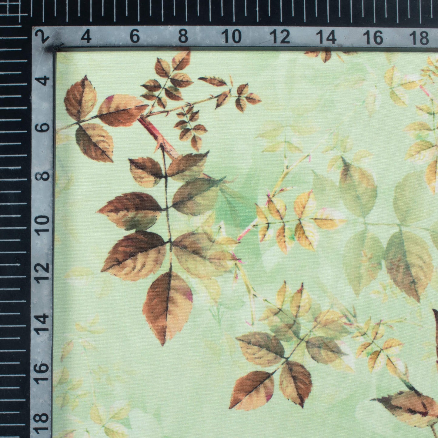 Tea Green And Brown Leaf Pattern Digital Print Crepe Silk Fabric